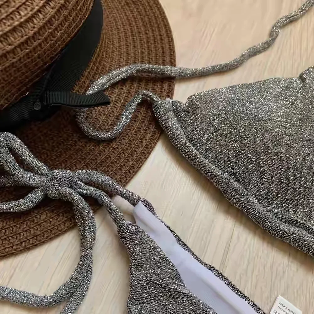 Silver Bikini Cover Up String Thong Fitness Swimwear Sexy Shiny 2 Pieces Micro Mini Bikini Bathing Suits Women