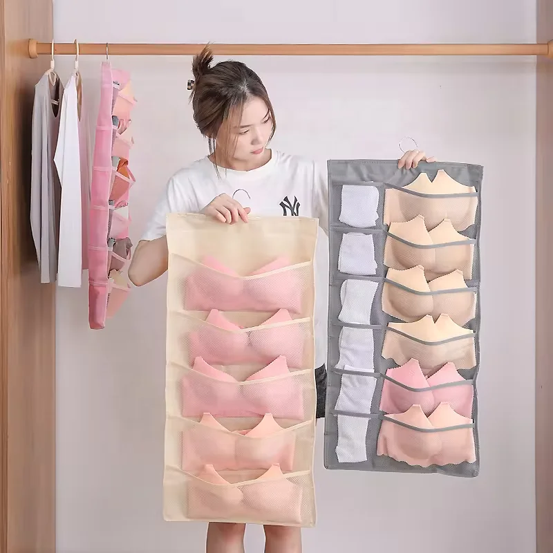 Cloth Metal Hanger Closet Hanging Dual Sided Wall Shelf Wardrobe Mesh Pockets Hanging Storage Bag for Bra
