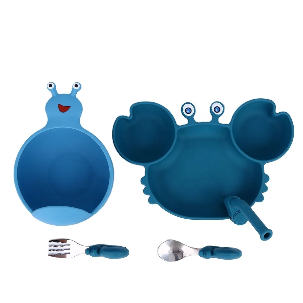 Cute Crab Shape Unbreakable Silicone Suction Plate and Bowl Baby Feeding Dinnerware Set for Travel