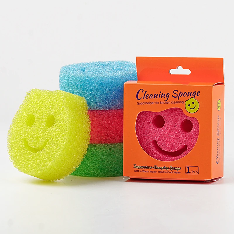 New products Temperature-Changing Sponge  kitchen cleaning sponges for dishesTemperature-control smile sponge for cleaning