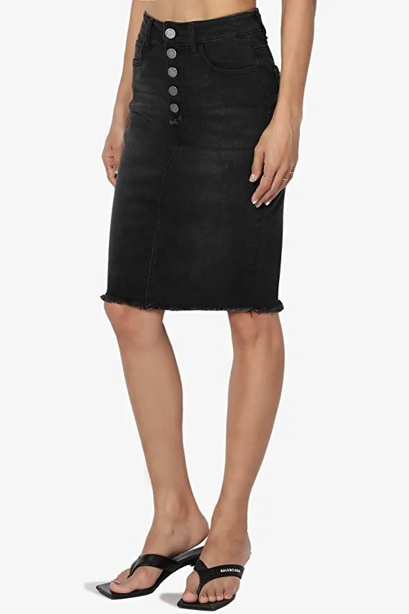 Butt Lift Pencil Knee Length Midi Stretch Soft Denim Skirt