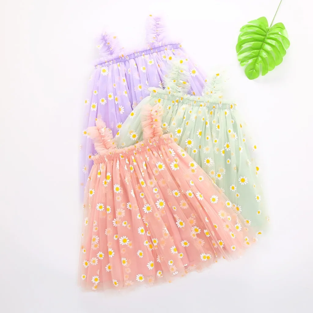 Wholesale Daisy Floral embroidery Kids Girl Casual strap Sleeveless Tulle Dresses Summer Tutu Toddler baby girl dresses