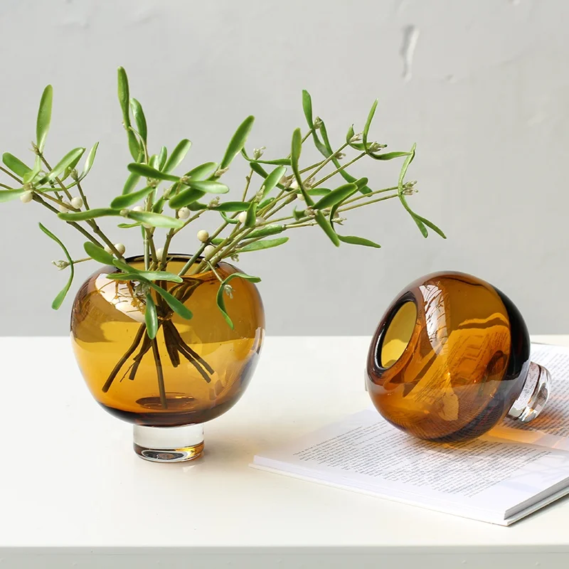 Bixuan Hand blown Glass Vase Modern Luxury Home Decor Table Centerpieces Small Ball Shape Amber Solid Color Flower Glass Vases