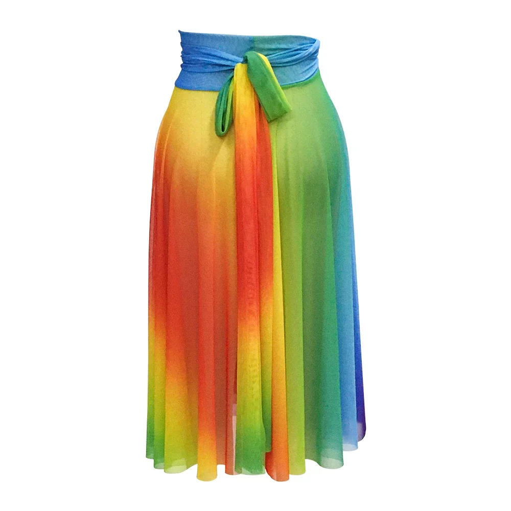 MiDee Rainbow Long Mesh Dress for Girl Women Gradient Lace Up Contemporary Lyrical Dance Wear Modern Ballet Dance Outfit