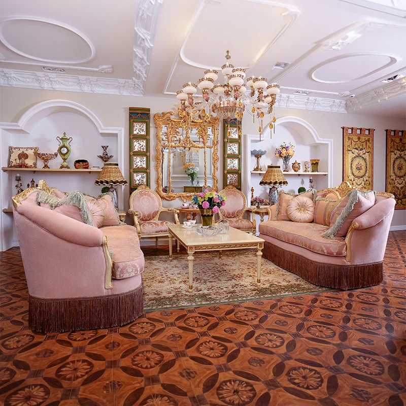 Luxury French Palace Wooden Carved living room sofas 1+1+2+3 classical pink fabric sofa set