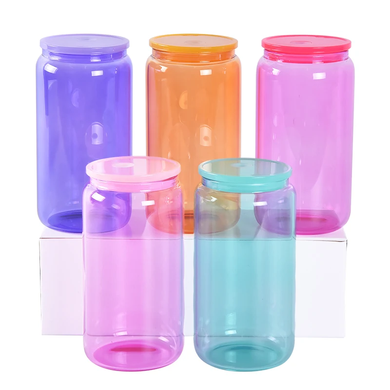 New Design Drinking Glasses Custom Libby Soda Beer Mugs Sublimation 16Oz Colored Glass Can With Plastic Lid And Straw