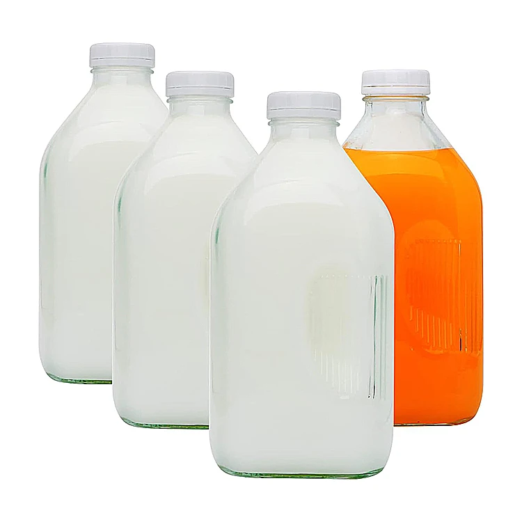 Wholesale Transparent Milk Bottle Square 2000ML 64oz Empty Glass Fruit Juice Bottles With Cap
