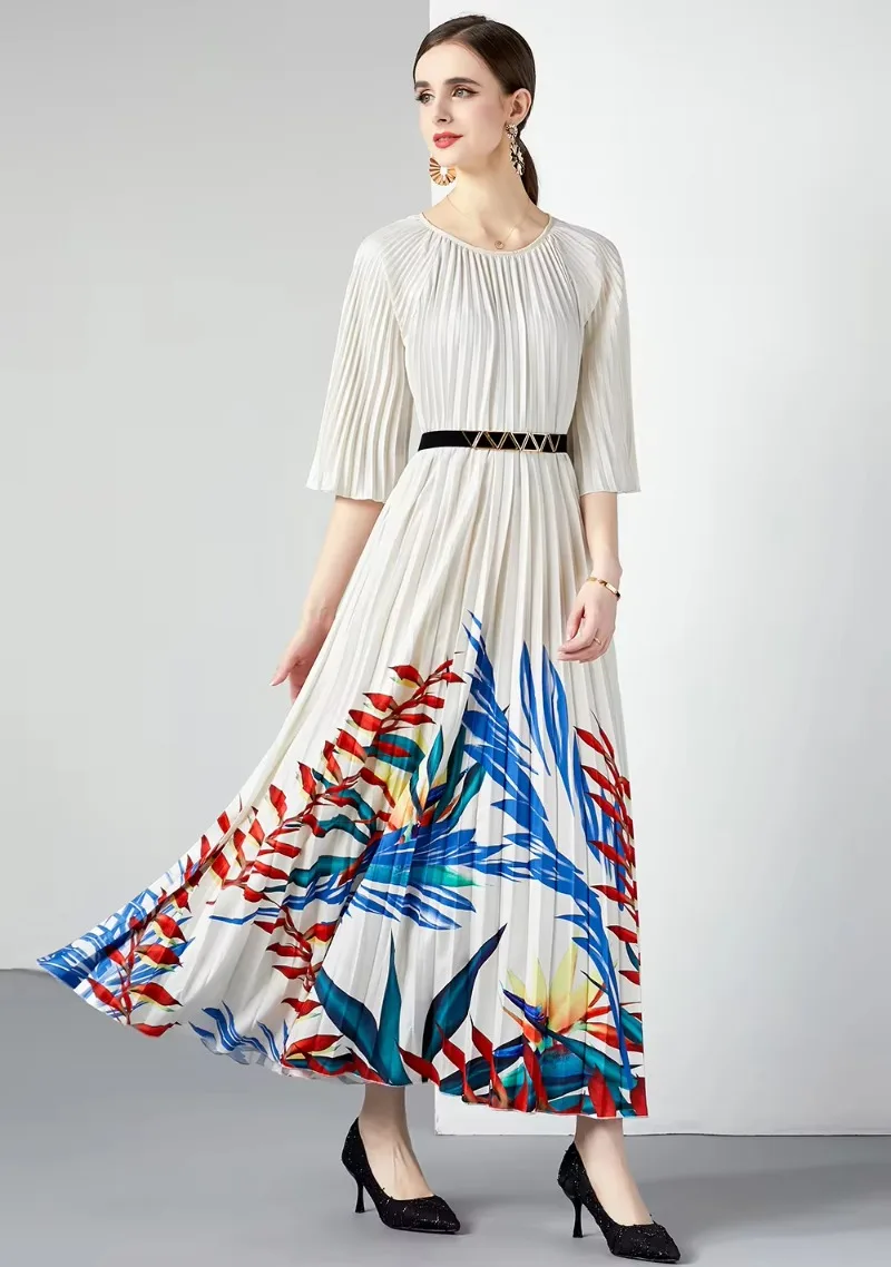 Runway Ruffles Ruched Pleated Dress Women Butterfly Sleeve White Flower Print Elegant Long Holiday Party Vestidos 9360#