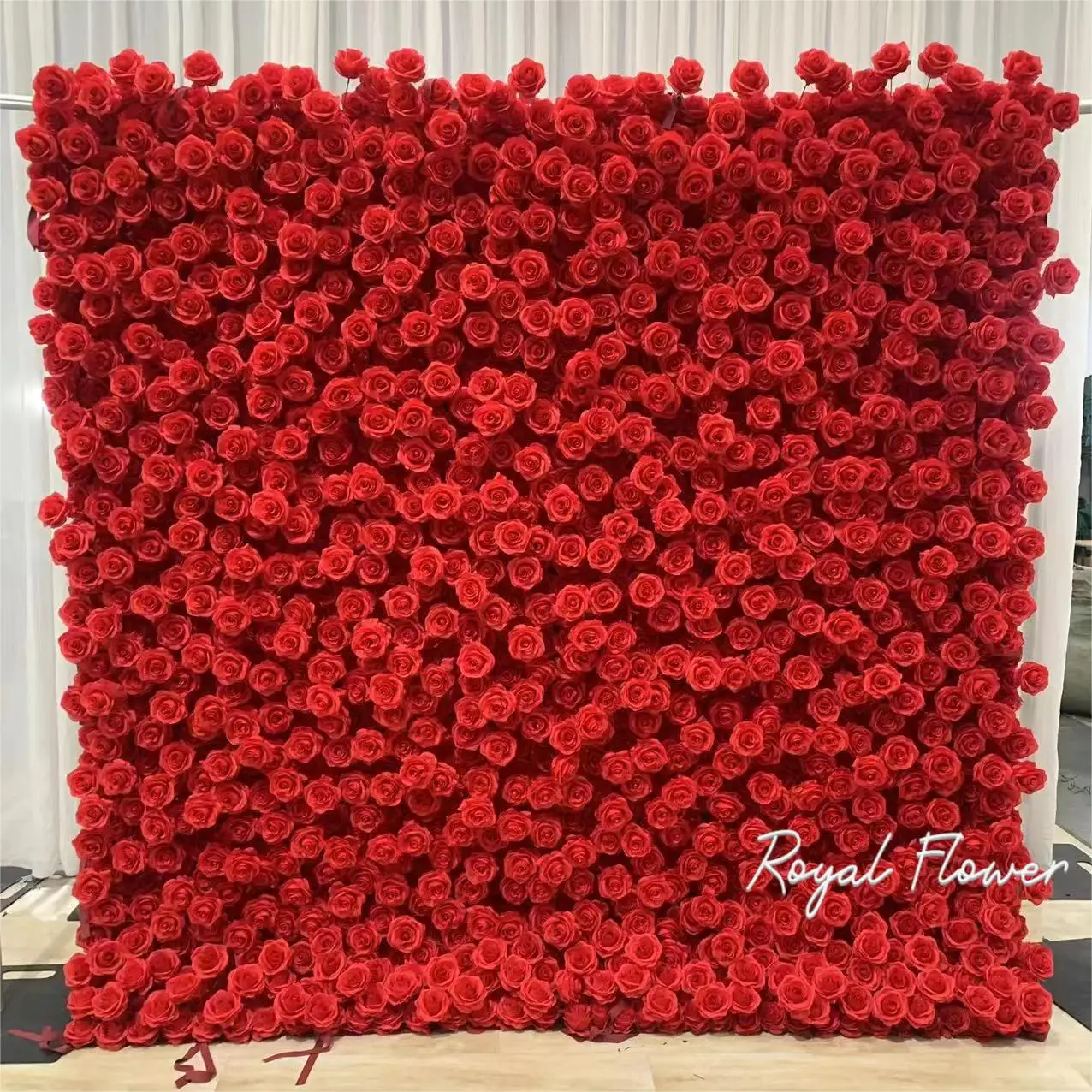 customized size and design whole sale price fabric roll up new red rose flower and green flower wall wedding backdrop