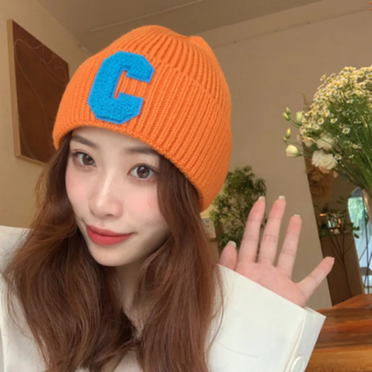 New Korean style simple large C letter wool hat autumn hat warm ear protection knitted hat