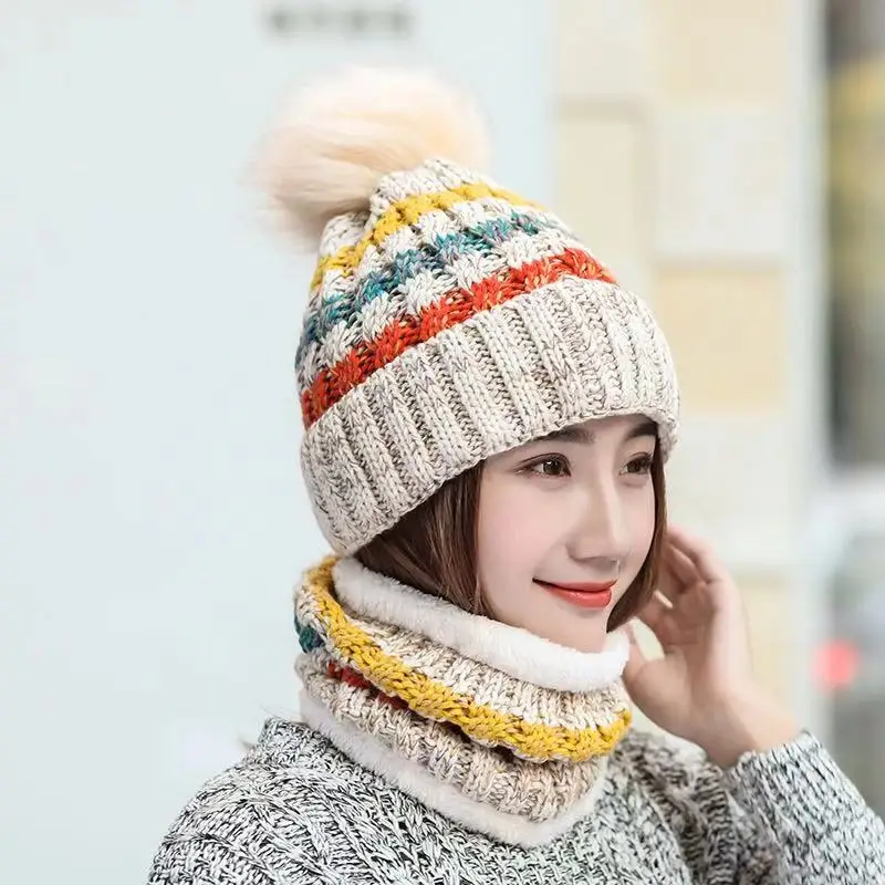 6 Color women warm cable knitted beanie hats , 2pcs /set winter hats and scarf set