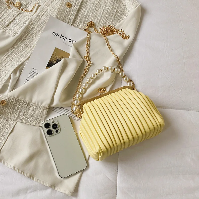 Korean INS Style Pearl Handbag for Ladies Fashion Pleated Personalized Single Shoulder Messenger Bag Shell Bag for Women