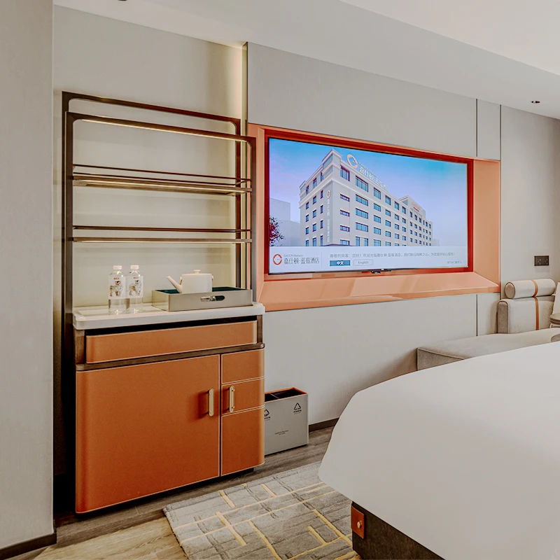 Contemporary Marble Top Mini Refrigerator Cabinet 4-Star Hotel Leather & Stainless Steel Hidden Light Minibar Furniture