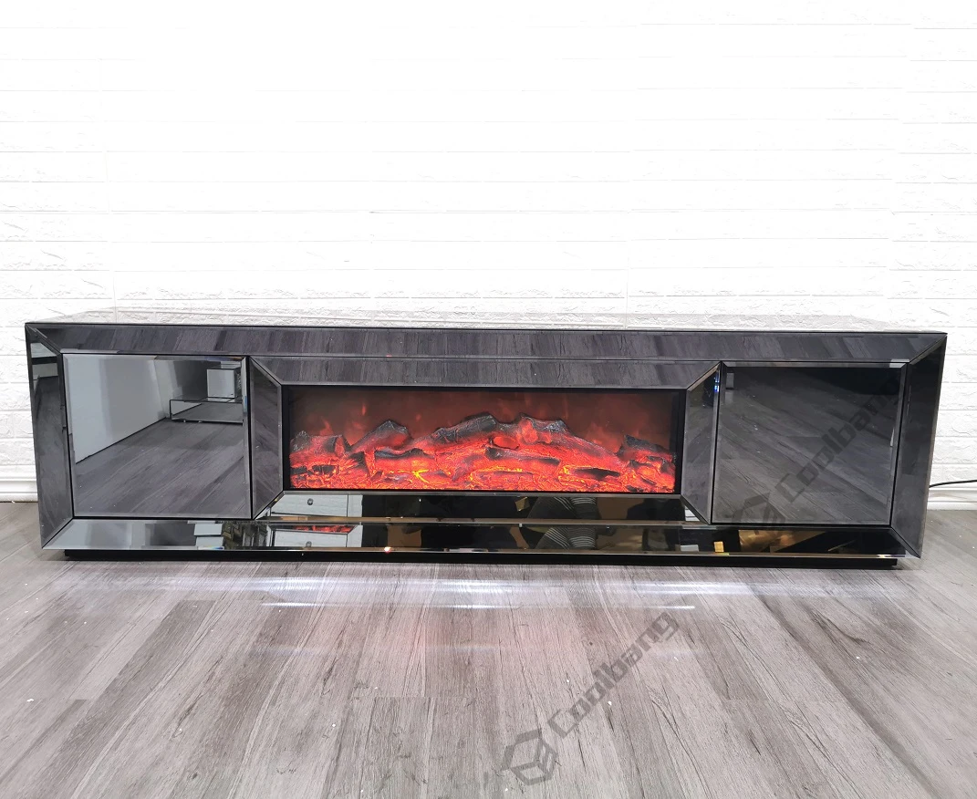 Large Mirrored Furniture Smoke Grey Glass TV Stand with Electric Fireplace