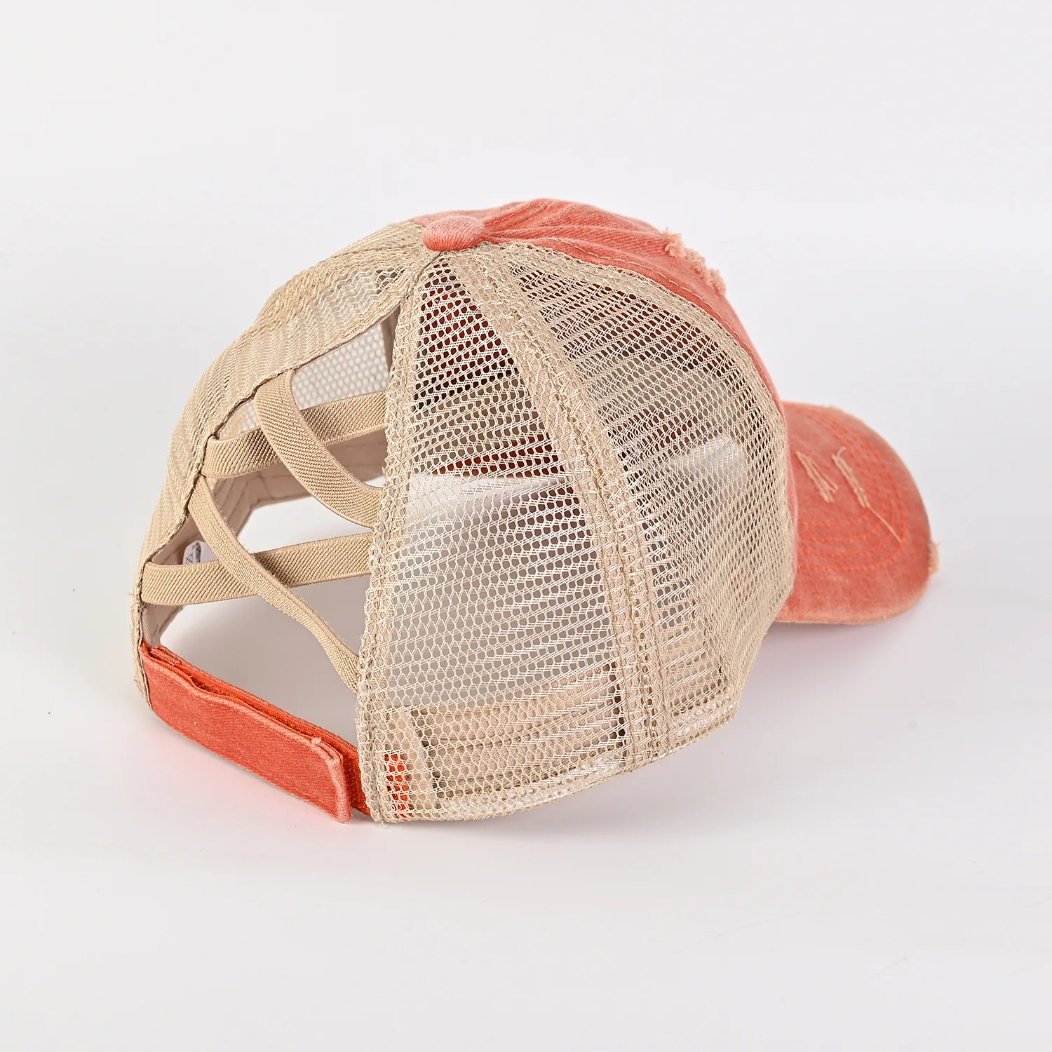 Sports Outdoor Vintage Washed Cotton Elastic Band Cross Ponytail Mesh Breathable Baseball Cap Ponytail Hat