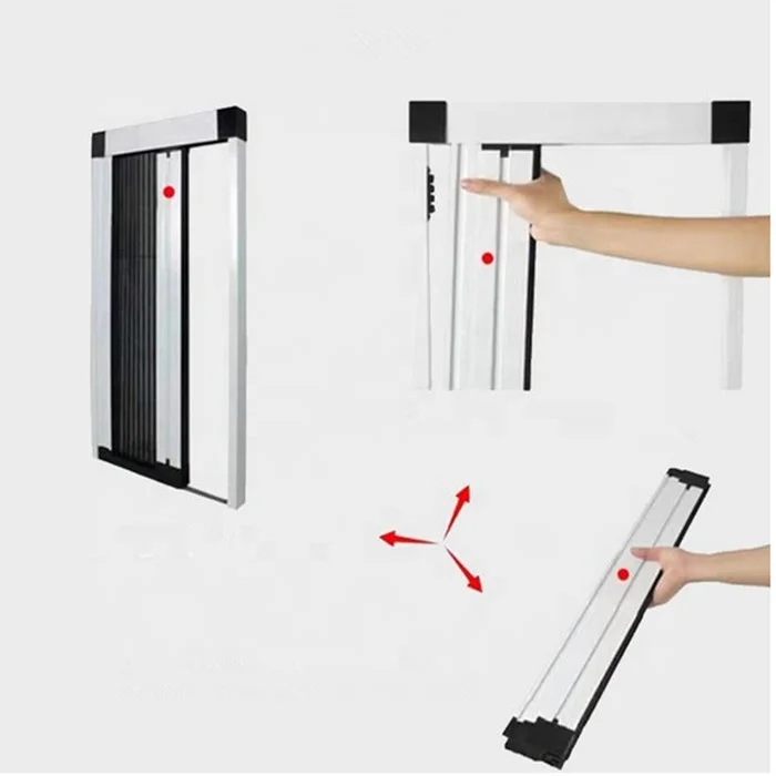 Factory wholesale aluminum frame fiberglass/polyester/PP bug screen trackless retractable plisse screen door