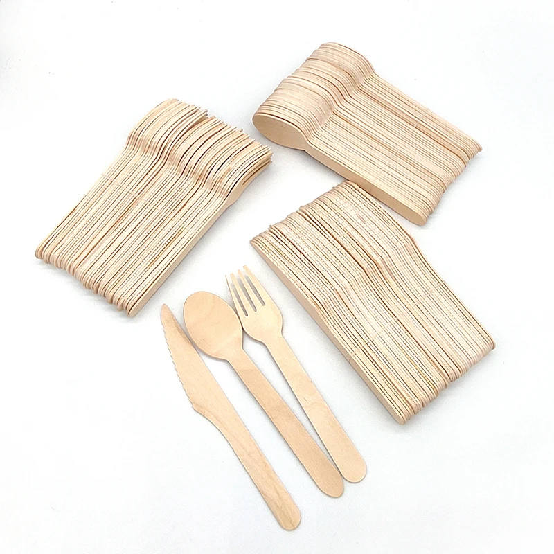 50pcs/150pcs Disposable Wooden Cutlery Forks/Spoons/Cutlers Knives Party Supplies Kitchen Utensil Dessert Tableware Packing 16cm