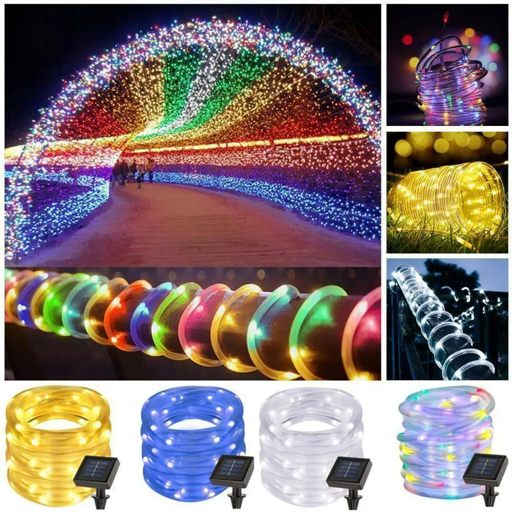 7/12/22M 8 Modes Tree Decoration Solar Rope Tube Lights LED Tree String Lights Outdoor Waterproof