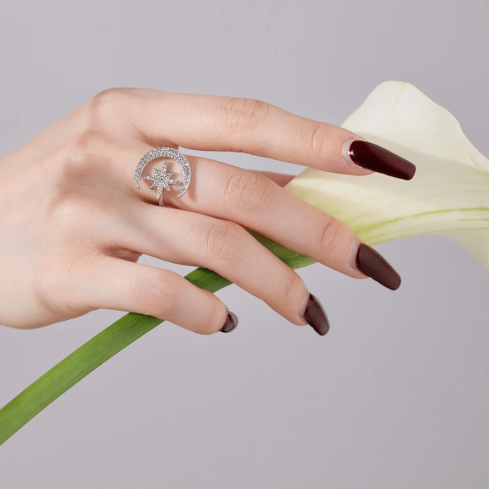 Dylam Trending Design Fashion Fine Jewelry Sterling Silver Gold Plated 5A Zirconia Universe Crescent Moon Star Octet Open Rings