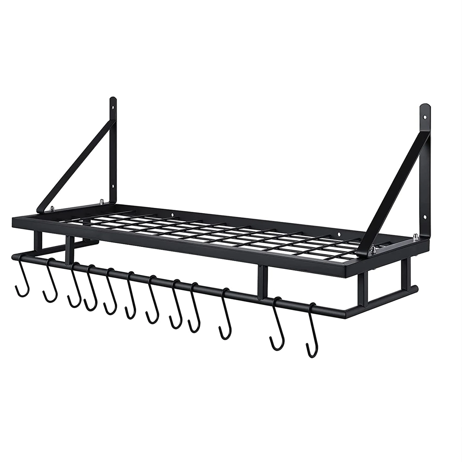 Kitchen Pan Pot Rack Wall Mounted Hanging Storage Organizer Wall Shelf with 12 Hooks Matte Black