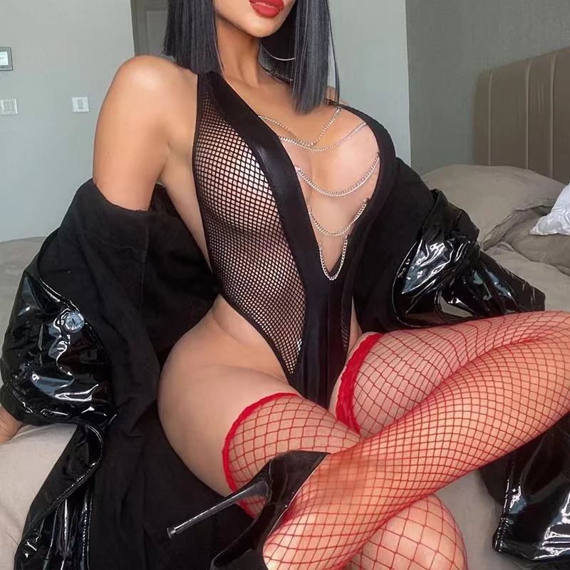 Haokong Hot Fishnet Tights Sexy Lingerie Erotic Outfit Mesh See Through Romper Body Suit Hollow Out Halter Leather Lingerie
