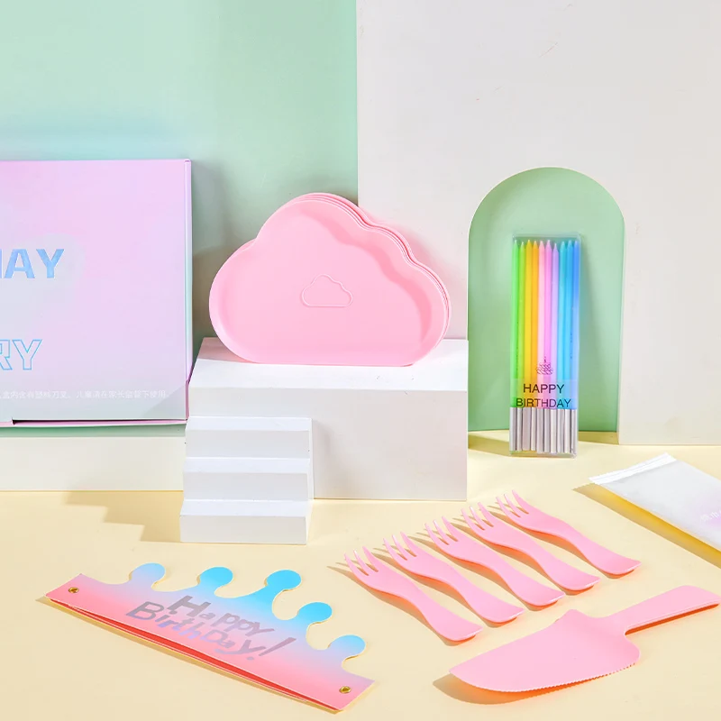 Happy Birthday Plate Party Supplies Six-In-One Cake Tray Hat Candle Disposable Tableware Birthday Plates