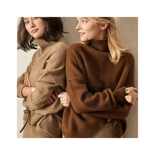 Wholesale Fashion Turtleneck Blend Cashmere Plain Knit Woman Pullover Knitwear High Neck Merino Wool Sweater