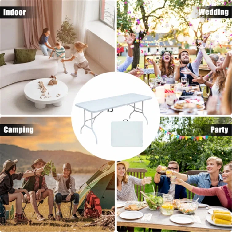 portable outdoor furniture 6ft foldable garden table white plastic  rectangular dinning camping folding table for events
