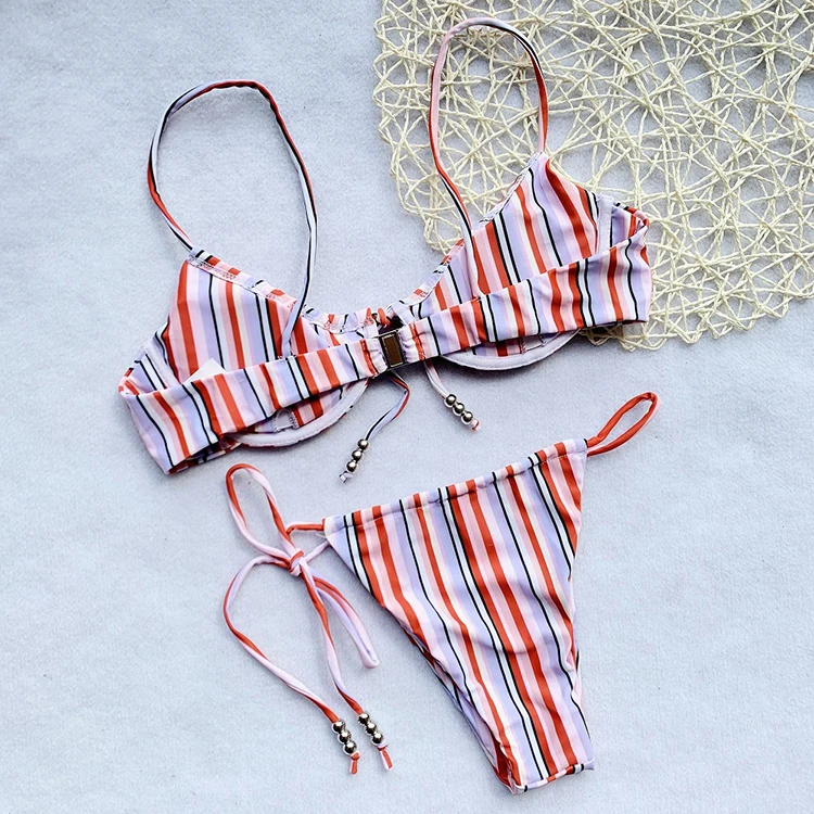 Bandage Mirco Brazilian Bikini Floral and Striped Two Pieces Swimsuit Padded Thong Tie Side Bathing Suits