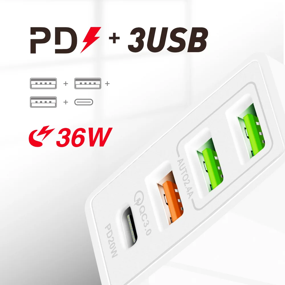Hot Sales UK US EU Plug 36W QC3.0 Usb C Charger 4 Port Wall Portable Charger For Iphone 13 Charger