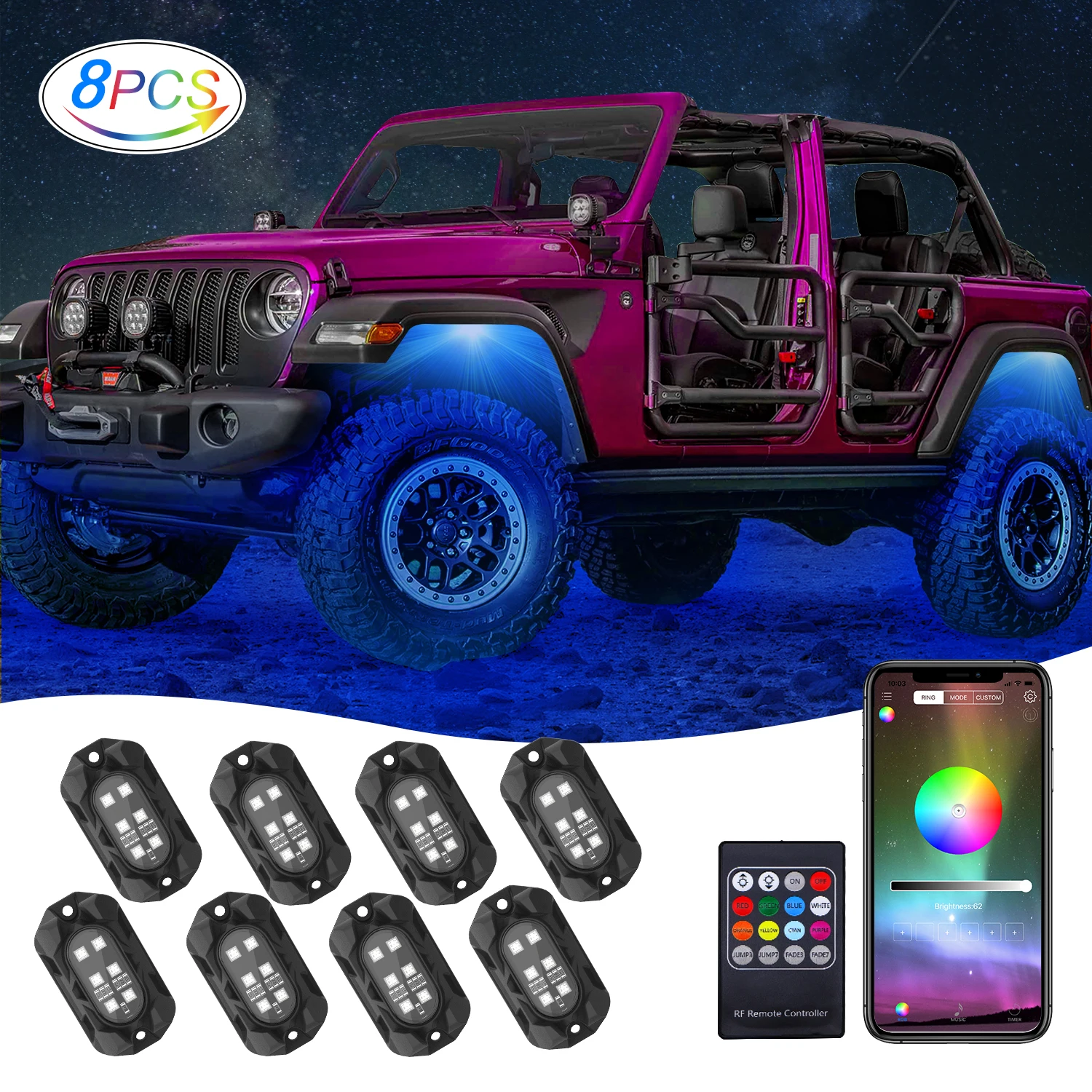 Автомобильный светильник 4x4 SUV ATV украшение для автомобиля RGBW 8PC светодиодный светильник Rock под кузовом комплект с дистанционным управлением через приложение