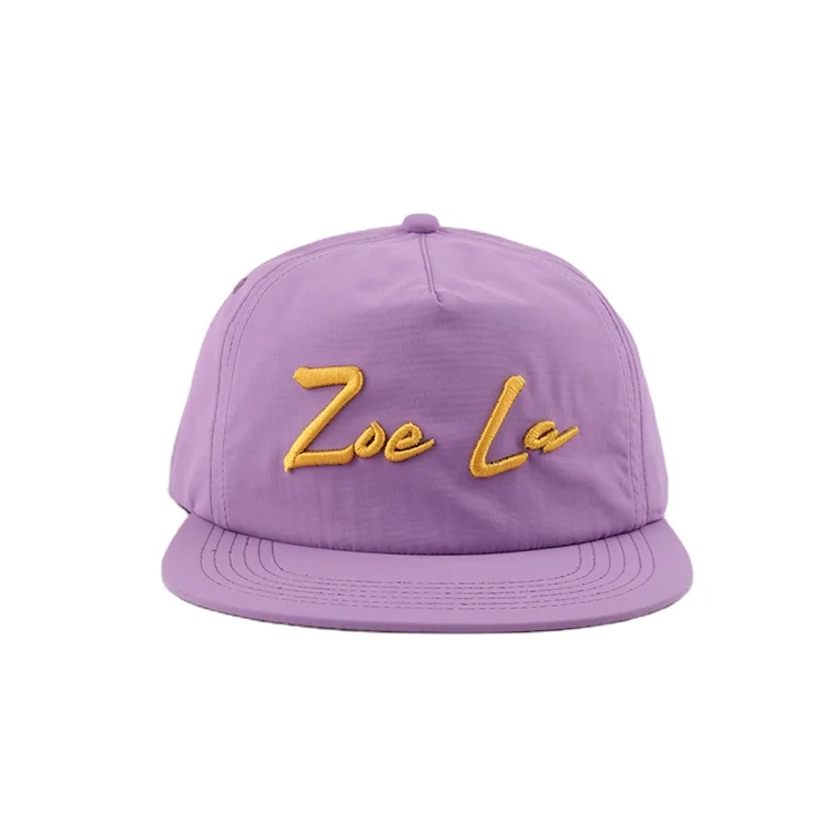 Factory Custom 5 Panel Cap Unstructured Nylon 3D Embroidery Snapback Hat With Rope On The Brim