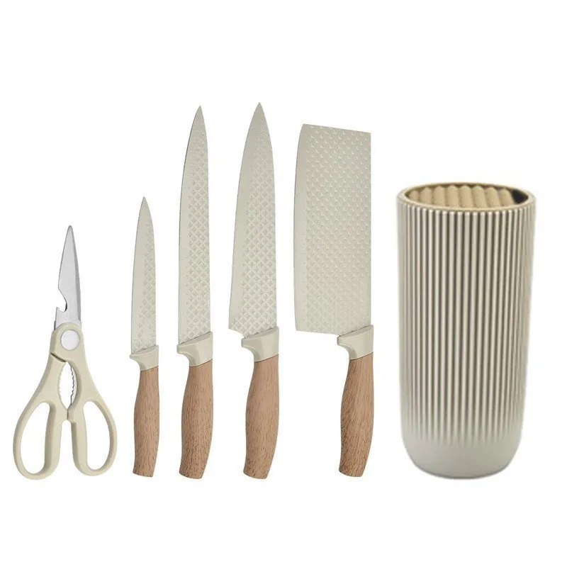 JOYWAVE Factory Custom 6-Pieces Stainless Steel Non-Stick Sharp Blade Chef Kitchen Knives Block Luxury Wooden Coating Knife Set
