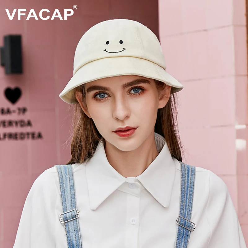 Custom Smiley Face Embroidery Corduroy Bucket Hat Kid Plain String Fisherman Hat sun protection wind protection sunshade Cap