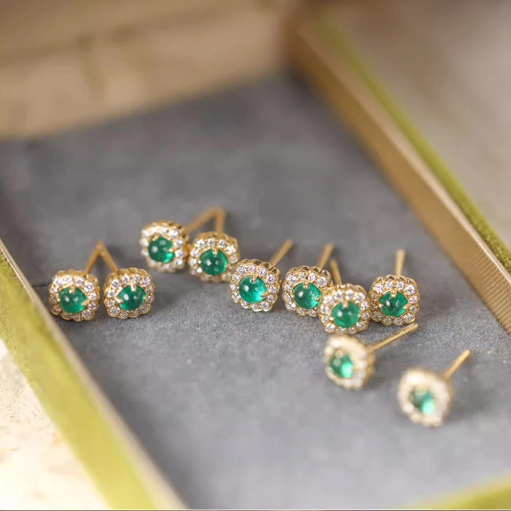 Jewelry Sterling Silver 5A Zircon Micro Paved Gold Plated Flower Designed Emerald Stud Piercing Earrings with Green Stones