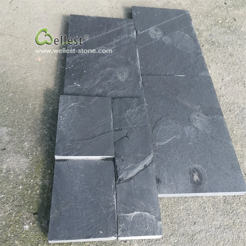 Natural Black slate interlocking stacked ledge stone culture stone wall cladding panel for indoor and outdoor