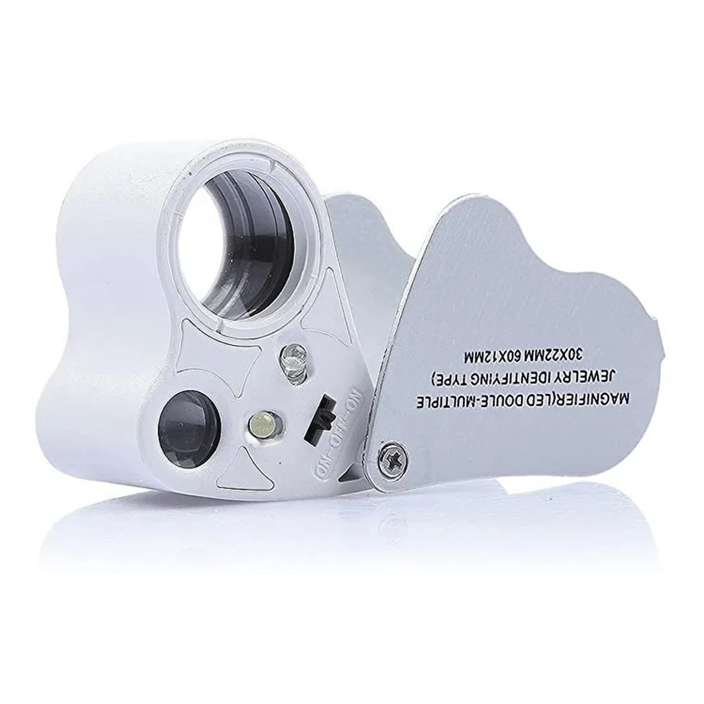30X 60X Foldable Mini Double Jewelry Magnifying Glass LED Light Jewlery Magnifier Loupes for Gems Coins Stamps Observation