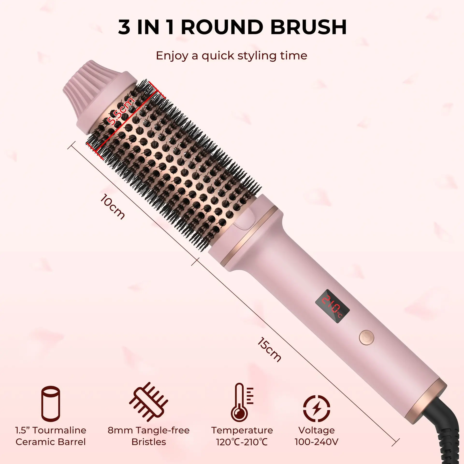 Adjustable Temperature Pink Electric Hair Curl Hot Tools 360 degree Rotating Multitudet Hair Dryer Brush Round Volumizing Brush