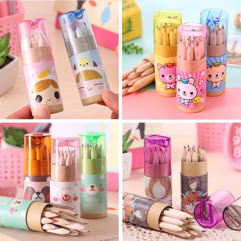 Pencil Manufacturer Cartoon bear 12 Colored Pencils With Topper Sharpener,Tube Packing Colorful Wooden Pencil Cheap Price