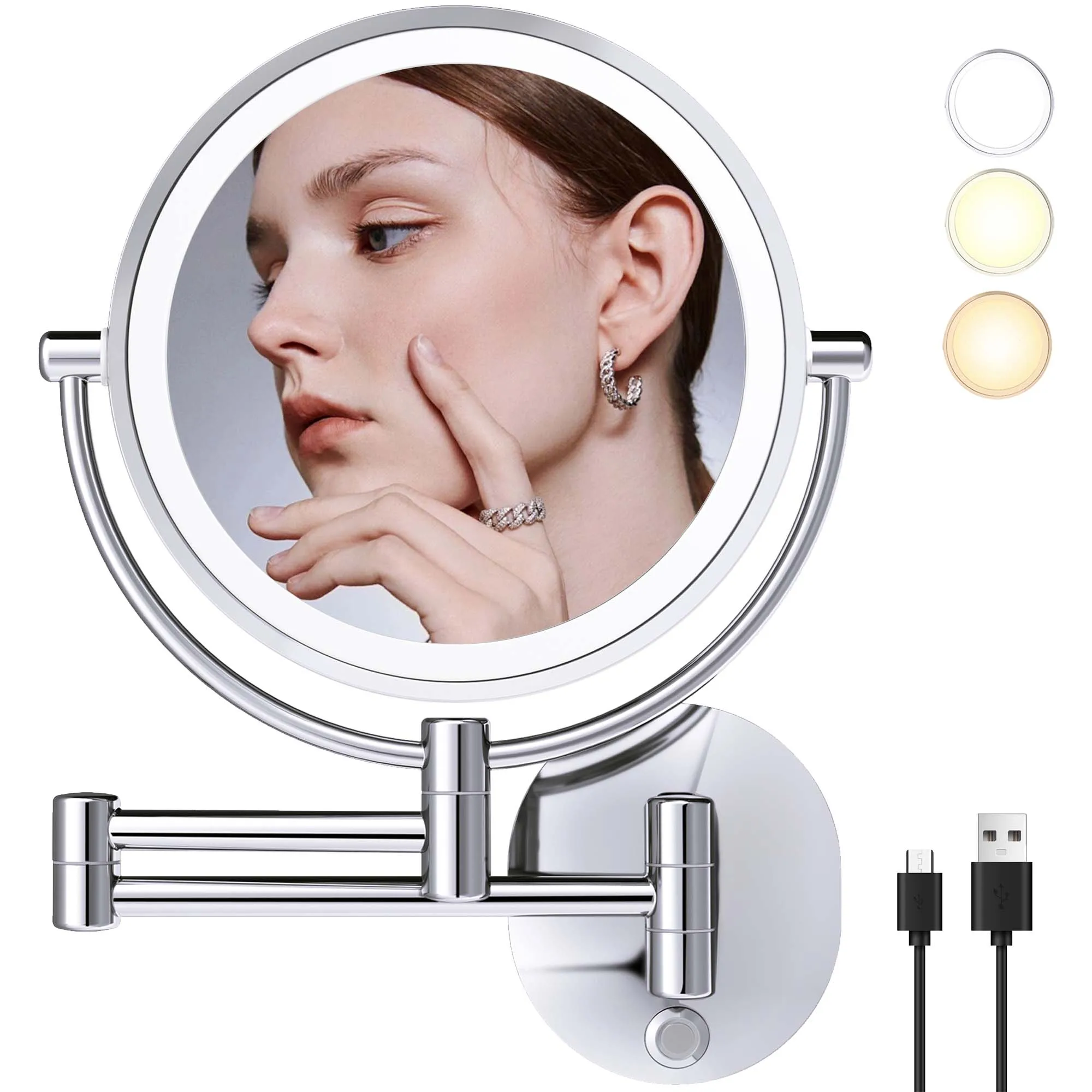 Custom Home Hotel Use foldable chrome Frame round Magnifying make-up mirror LED Lighting Wall Mounted Bathroom Vanity Mirror