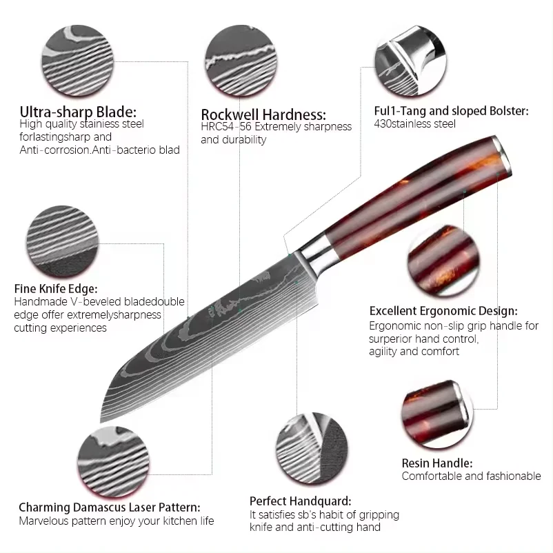 10 pcs Sharp Resin German Stainless Steel Japanese Laser Damascus Santoku Chef Boning Modern Knives Kitchen Knife Set