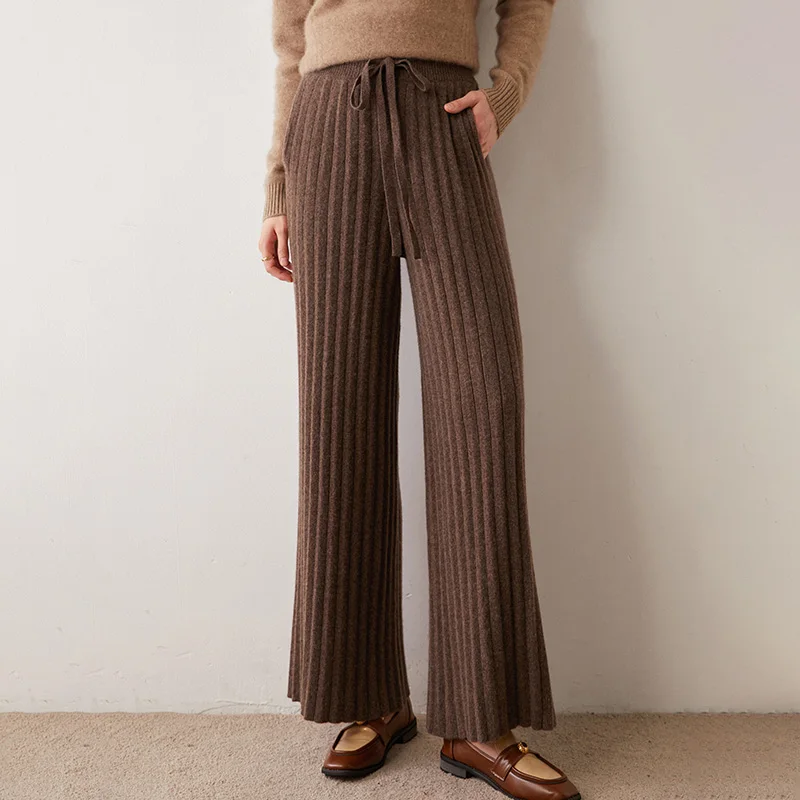 Wholesale Winter Knit Cashmere Long Wide Leg Trousers Custom Wool Cashmere Rib Knitted Pants for Women