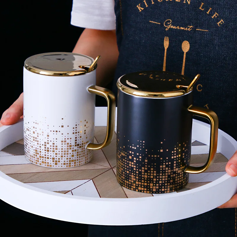 15OZ China Manufacturer Promotional Golden Square Speckles Spots Ceramic Mugs Black Coffee Mug With Golden Lid