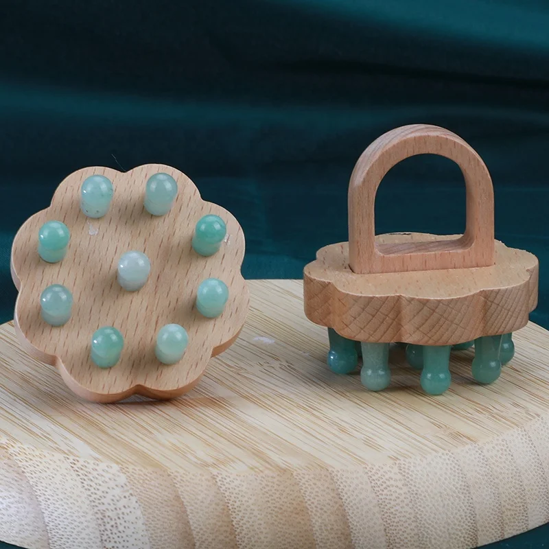 Hanhe Custom Natural Stone Wooden Scalp Massager Jade Guasha Head Therapy Tools Green Gua Sha Massage Comb