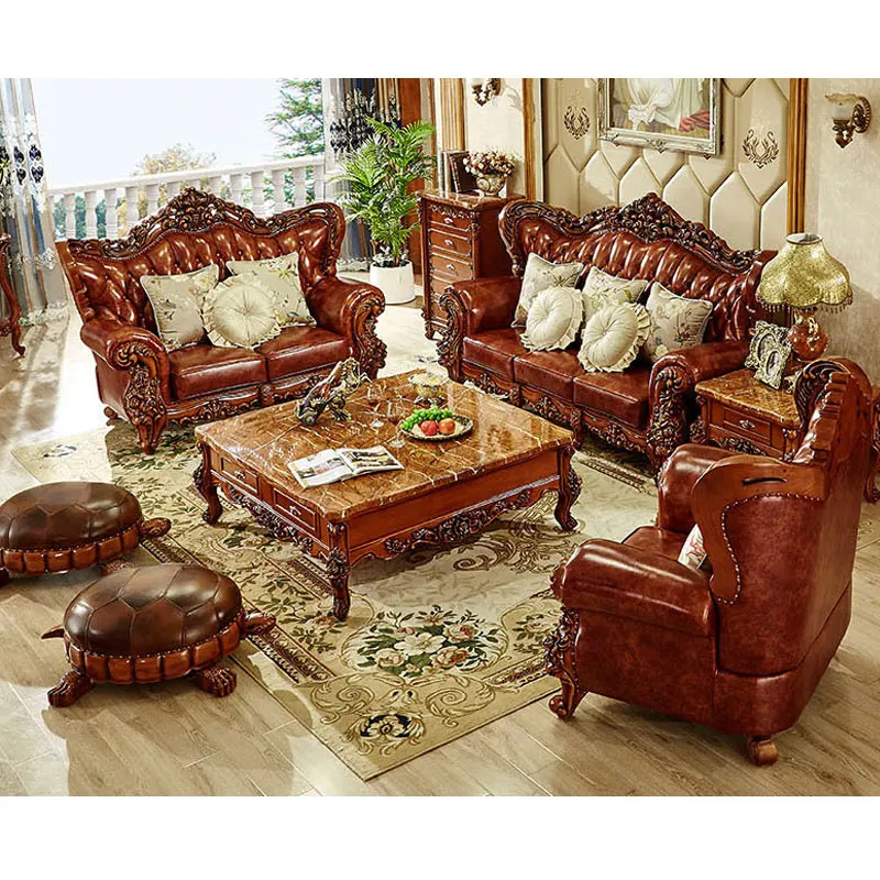Classical living room full grain leather recliner sofa Factory supply antique wooden sofa furniture set