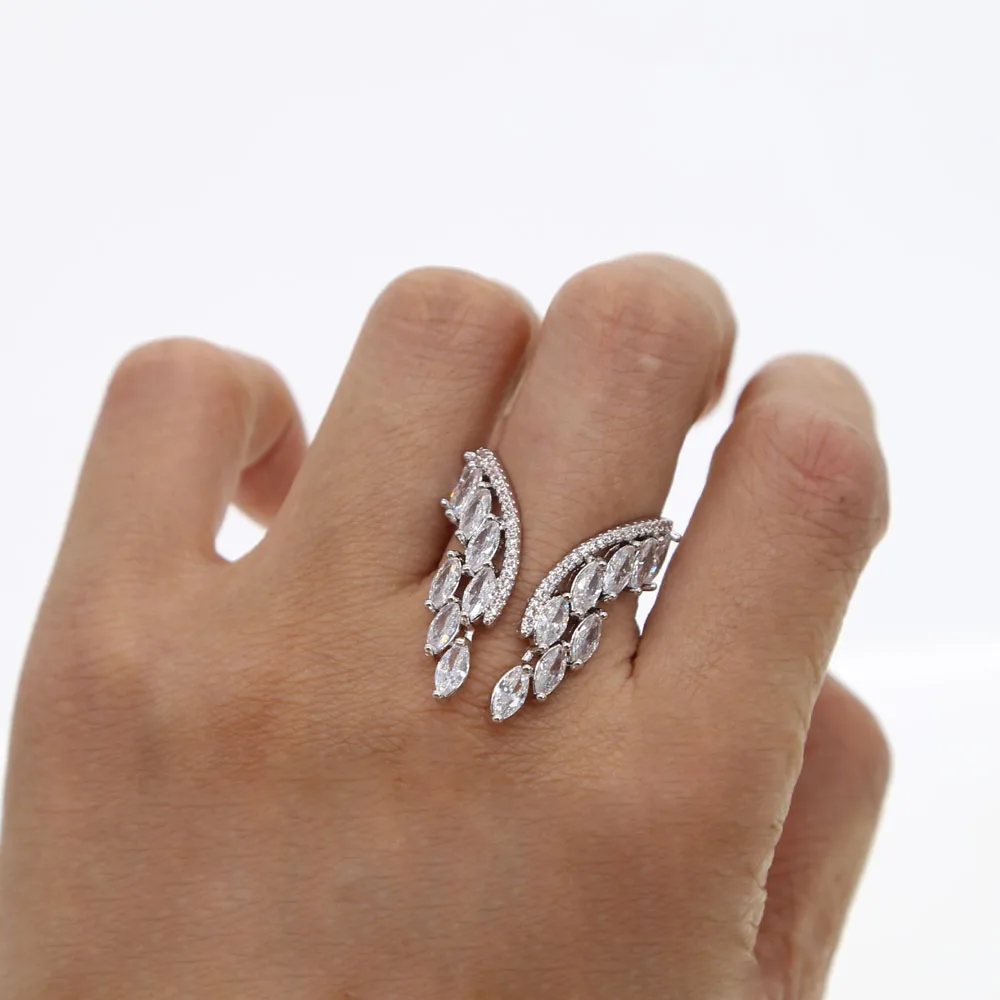 Korean Fashion Temperament Rhinestones Twisted Leaves Wishful CZ Crystal Open Ring Index Finger Rings For Women Angel