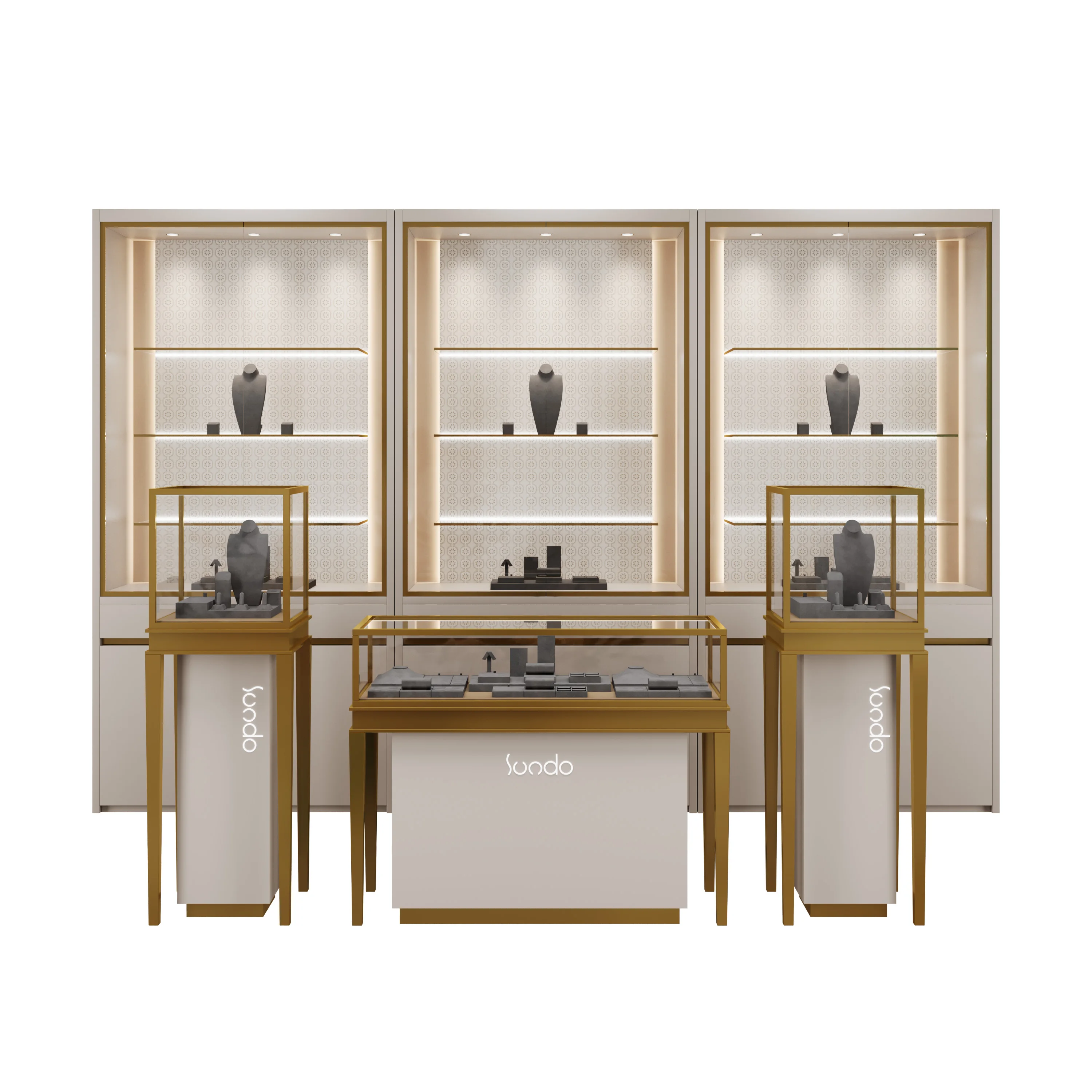 Custom  jewellery showroom display cabinet Luxury stainless steel jewelry display counter case Gold jewelry showcase with led