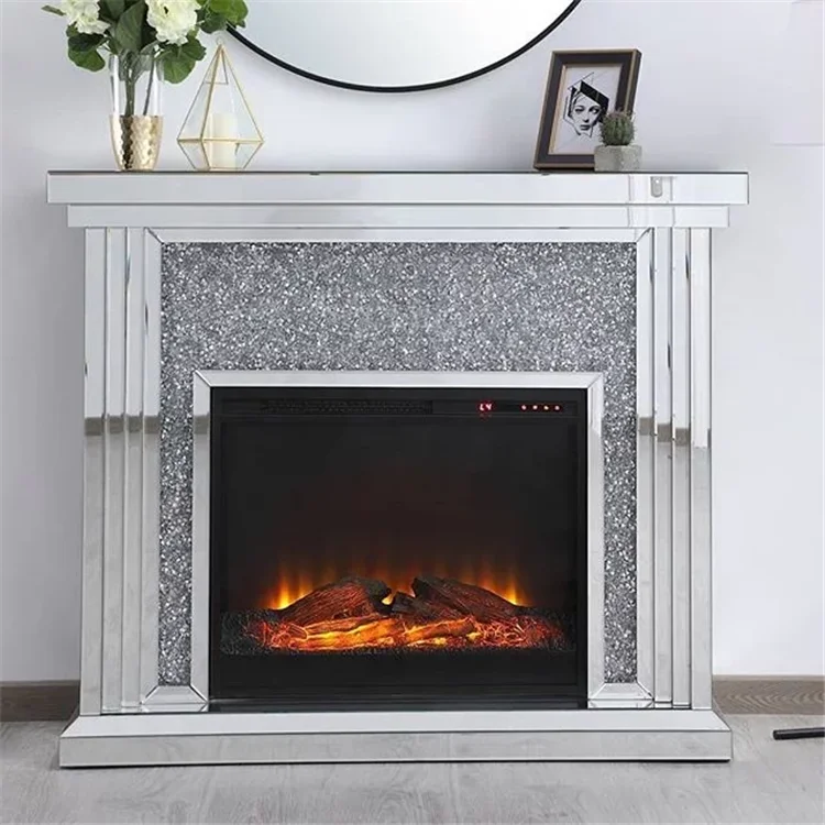 
Factory price living room hotel diamond crushed mirrored fireplace OEM modern glass electric mirror furniture fireplace 