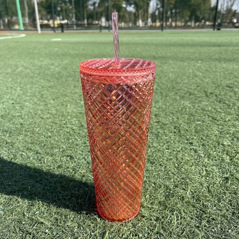 Portable Rivet Plastic Grid Studded Tumbler Durian Drinking Cup with Lid and Straw