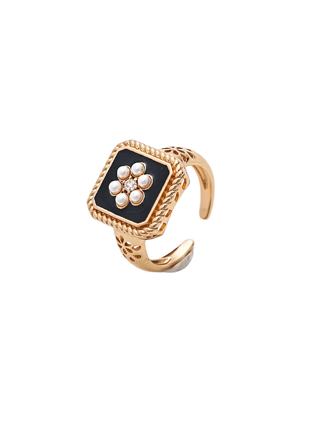 925 Sterling Silver Stylish Jewelry Classic Chanel-inspired Vintage Square Enamel Glazed Pearl Open Ring For Women Girls